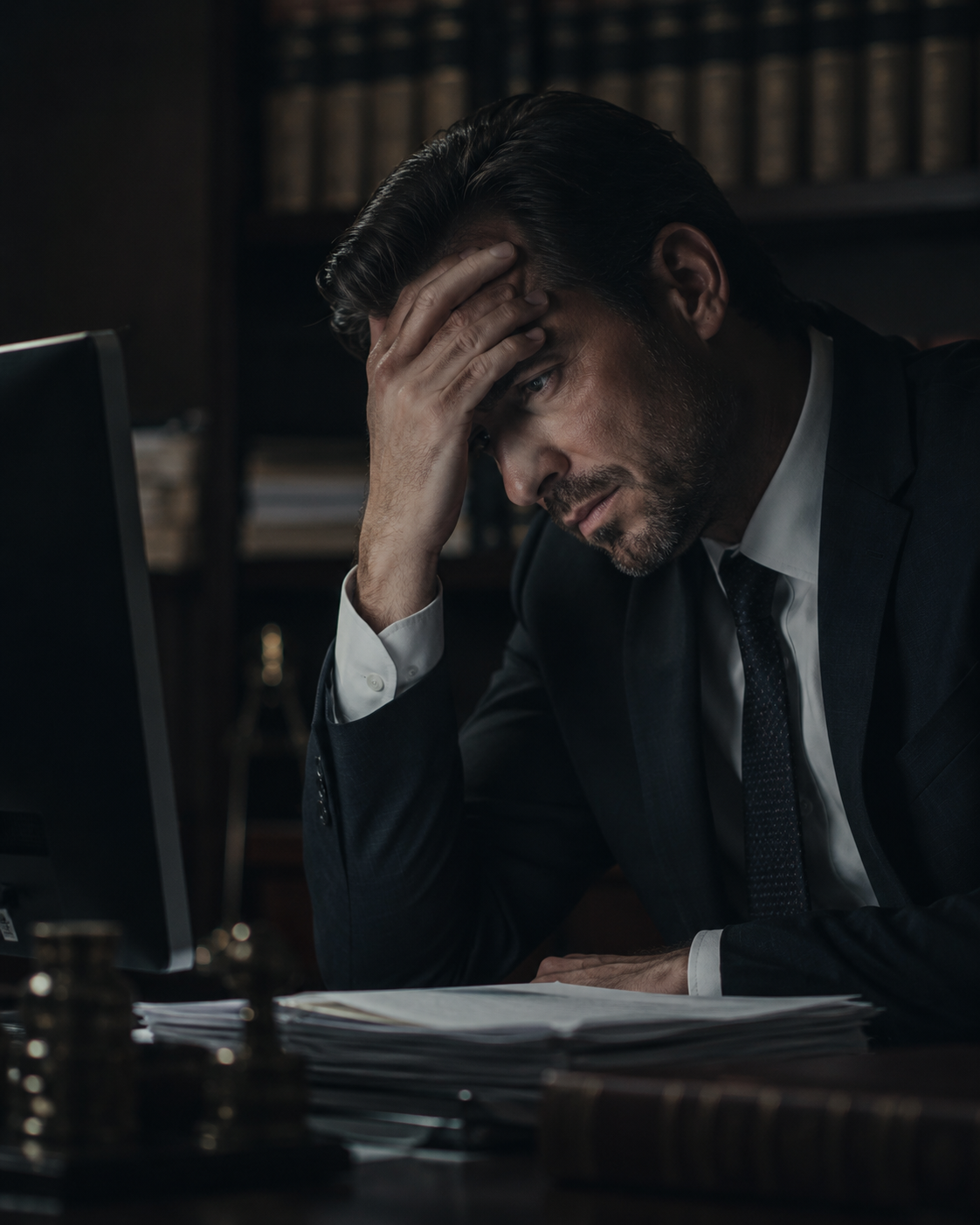 Advogado pensativo e preocupado na mesa do escritório