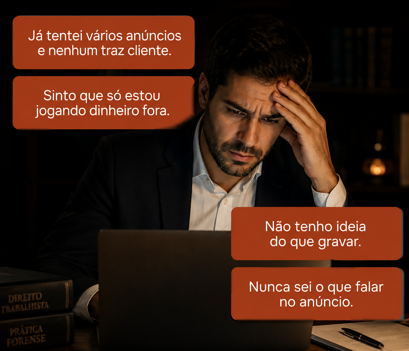 Advogado preocupado olhando o computador, pensando: 'Já tentei vários anúncios e nenhum traz cliente', 'Sinto que só estou jogando dinheiro fora', 'Não tenho ideia do que gravar', 'Nunca sei o que falar no anúncio'.